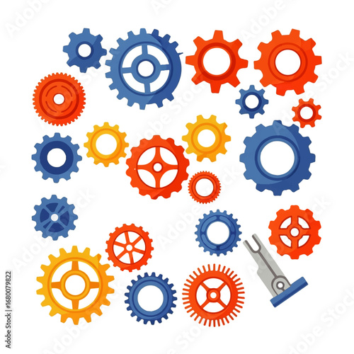 Colorful interlocking gears and a metallic lever represent teamwork, innovation, and complex machinery against a white background.