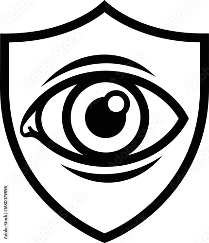 Eye Symbol Inside Shield Shape, Black and White Icon