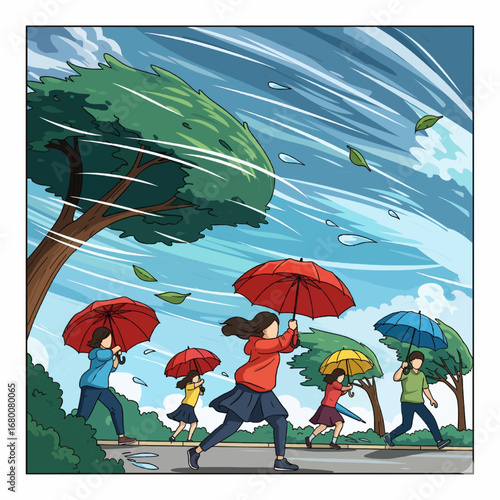A group of people struggles to walk with their umbrellas against strong winds and a heavy rainstorm. The illustration features a vivid, dynamic, and cartoon-like style.