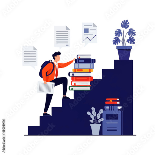 A determined student ascends a staircase of books, symbolizing academic achievement and the pursuit of knowledge.