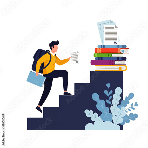 A determined student ascends a staircase of knowledge, carrying books and papers, striving for academic success.