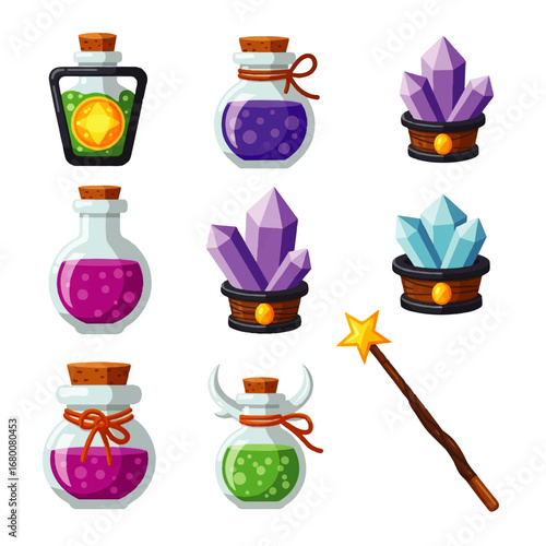 Colorful magic potions and crystals in glass bottles and wooden holders, a whimsical fantasy illustration.