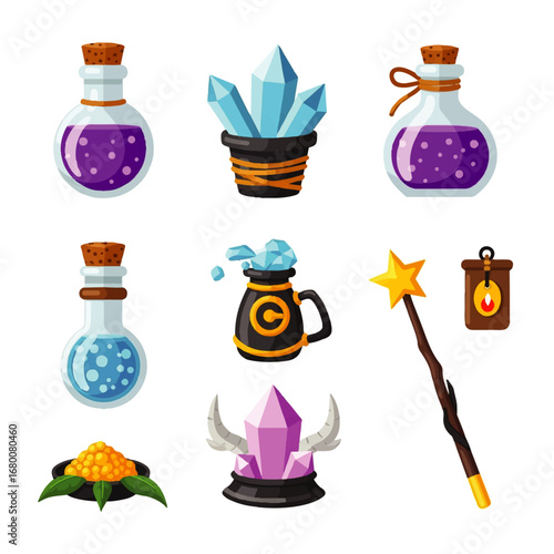 Colorful fantasy potion bottles, crystals, and magic wand on white background, illustrating magical concoctions and enchanting objects.