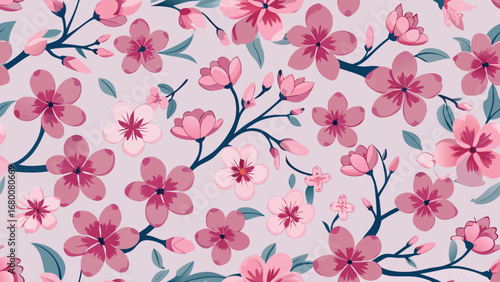 Pink cherry blossoms and buds on dark branches with teal leaves pattern sakura floral