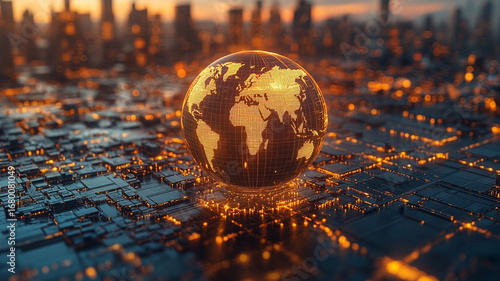 Glowing Digital Globe on Circuit Board City Skyline