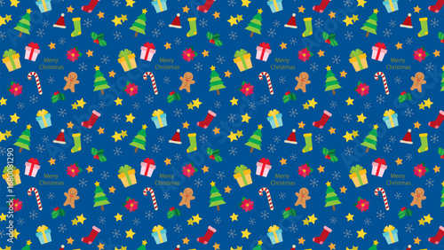 クリスマスアイテムのシームレスパターン背景/文字入り・ブルー