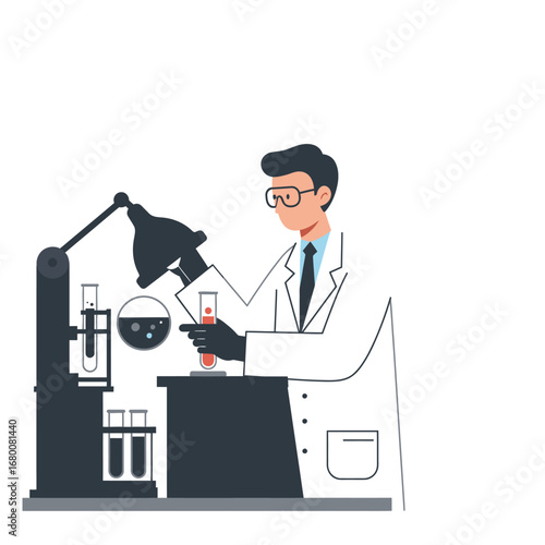 A scientist in a lab coat examines a test tube with a microscope and other equipment.