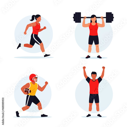 Diverse athletes—a woman running, another weightlifting, a football player sprinting, and a triumphant athlete—exemplify fitness and determination.