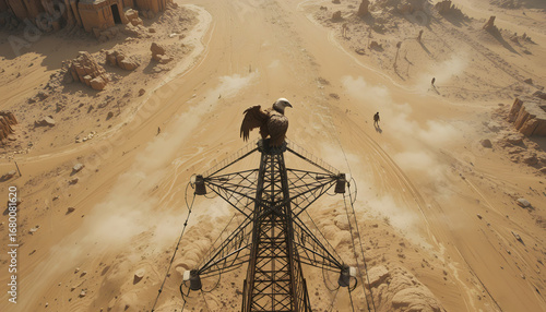 Eagle perched atop a power line tower in a desolate desert landscape setting