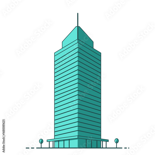 A teal-colored skyscraper with a pointed top stands tall, depicted in a minimalist, flat vector style against a white background.