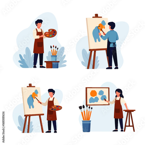 Painters creatively apply vibrant hues to canvases, showcasing their artistic passion in a bright studio.