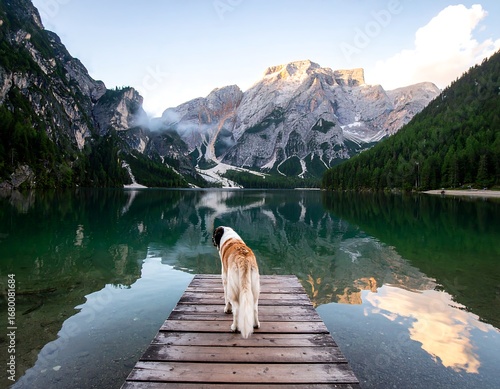 Dog on a wooden dock overlooking a serene lake and mountains