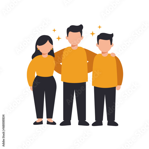 Illustration of three people standing together, embracing and showing unity.