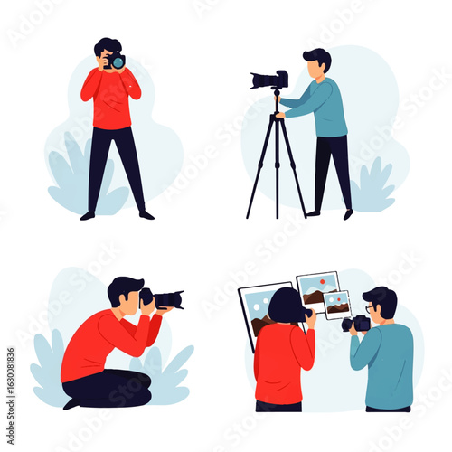 Photographers capture moments, using DSLRs and tripods, showcasing their passion for image creation in a serene, outdoor setting.