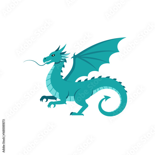 A stylized, turquoise dragon with outstretched wings, isolated on white.