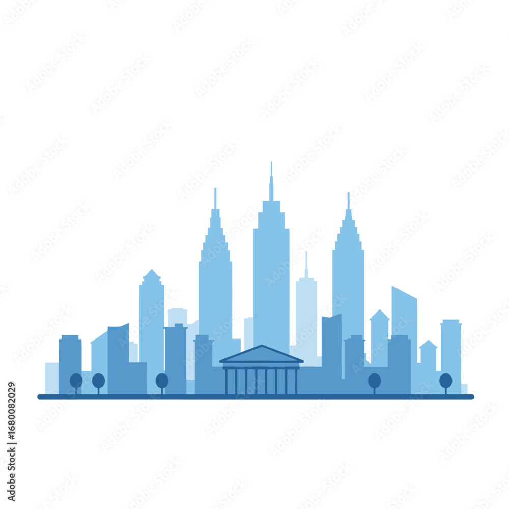 Fototapeta premium A blue silhouette skyline of a city with various buildings, including skyscrapers and a classical building.
