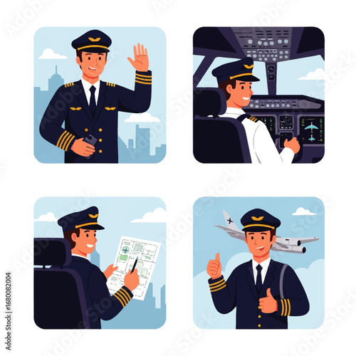 A friendly airline pilot smiles, confidently navigating his flight plan, showcasing a positive and professional attitude in various settings.