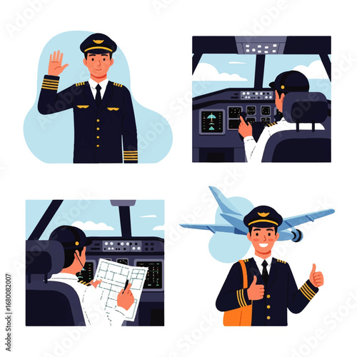 A friendly airline pilot waves, pilots a plane, reviews flight plans, and gives a thumbs-up, showcasing aviation professionalism and positive travel.