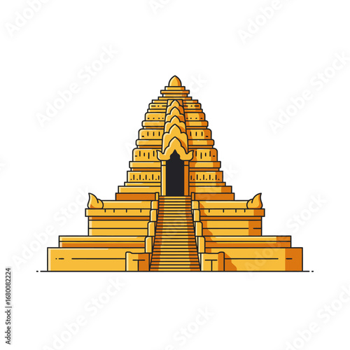Illustration of a golden tiered temple with stairs leading to a dark doorway, set against a white background.
