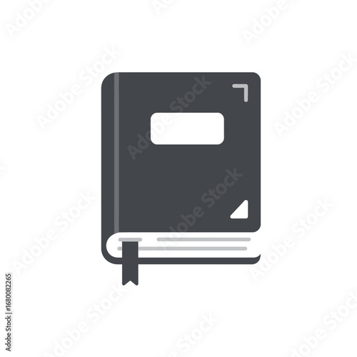 A closed, dark gray book with a bookmark and white label, isolated on a white background.