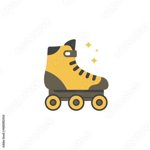 A stylized illustration of a yellow roller skate, featuring wheels and sparkles, isolated on white.