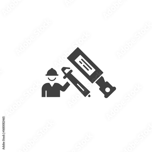 A construction worker wearing a helmet holds a tool next to a level, depicted in a simple, dark gray graphic.