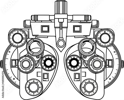 Line art illustration of a phoropter, ophthalmic instrument for eye exams.