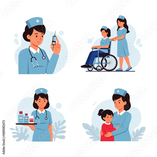 Compassionate nurses provide care, administering medicine, assisting a wheelchair user, and comforting a child, showcasing their dedication and empathy.