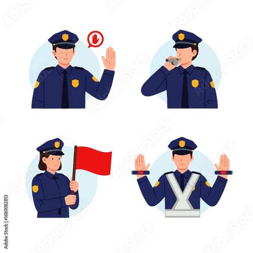 Police officers in uniform perform various actions: signaling stop, blowing a whistle, holding a flag, and using handcuffs.