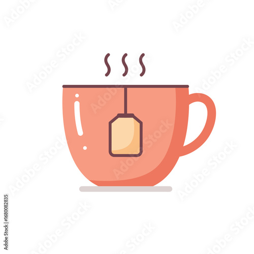 Simple illustration of a pink teacup with a tea bag and steam rising.