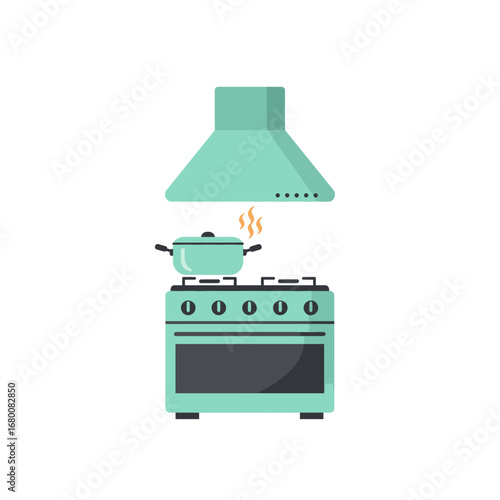 Teal stove with a pot cooking on the burner under a range hood, simple illustration.