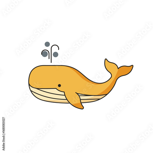 A cartoon illustration depicts a friendly, orange whale spouting water droplets upwards.