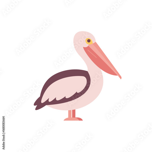 Illustration of a pink and brown pelican standing, depicted in a simple, flat, cartoon style.