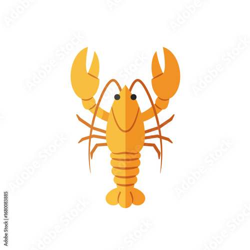 A cheerful cartoon lobster, illustrated in a flat design style, with raised claws and a smiling face.
