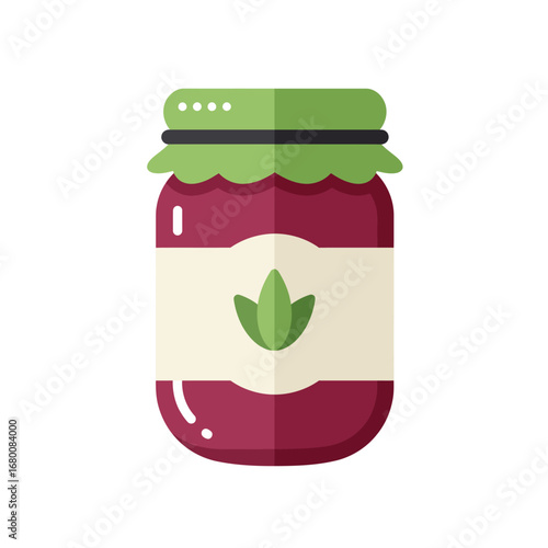 Illustration of a jar of berry jam with a green lid and a label with a leaf.