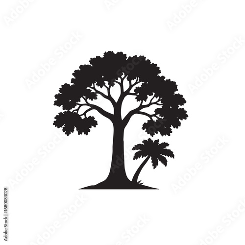Oak tree classic wide branches, silhouette vector illustration