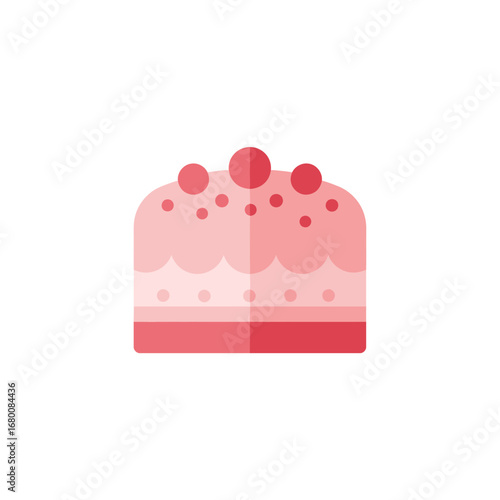 A simple, flat-design illustration of a pink cake decorated with red berries.