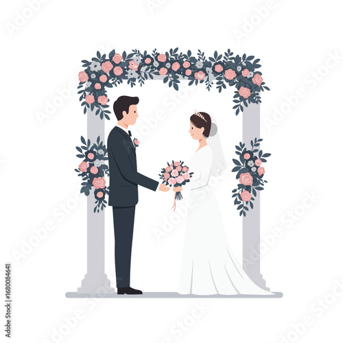 A bride and groom stand under a floral archway, holding a bouquet during their wedding ceremony.