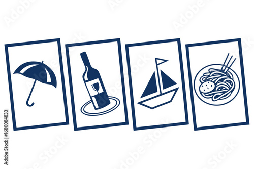 A set of four vector icons representing travel and leisure activities including sailing, dining, and weather concepts displayed on individual cards