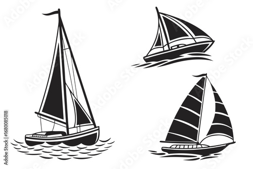 Set of three vector illustrations of sailboats on the water, with one larger boat and two smaller ones