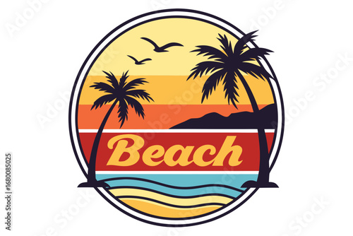 Stylized circular design featuring a tropical sunset with palm trees and seagulls, capturing the nostalgic vibe of a seaside holiday adventure