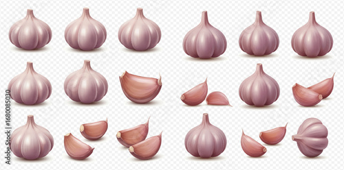 Realistic garlic bulbs and individual cloves displayed on a transparent background, highlighting their natural texture and culinary appeal.