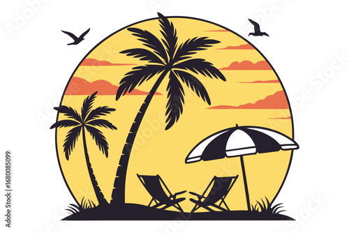 Vector illustration of a tranquil tropical beach vacation scene with silhouette palm trees, deck chairs, and an umbrella against a vibrant sunset, representing a relaxing summer holiday concept