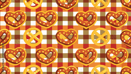 Heart shaped pretzels and round pretzels on a red brown and white checkered background