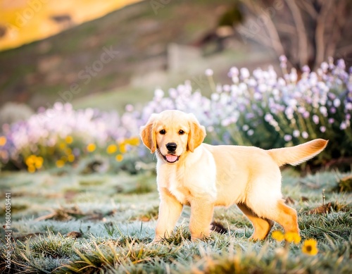 Golden Retriever puppy in a field of flowers