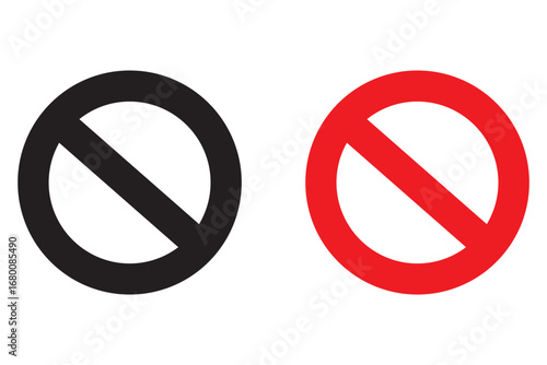 Sign forbidden. Icon symbol ban. Red circle sign stop entry ang slash line isolated on white background. Mark prohibited. Round cross logo restrict entrance. Signal cancel enter. Vector illustration.
