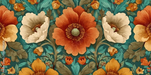 Wallpaper Mural Teal background with large orange and cream poppies and smaller yellow flowers Torontodigital.ca
