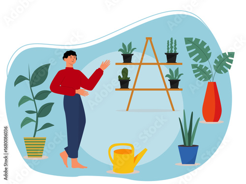 Man standing pointing hand introducing various plants in his gardening room. Gardening illustration. Flat vector illustration concept.