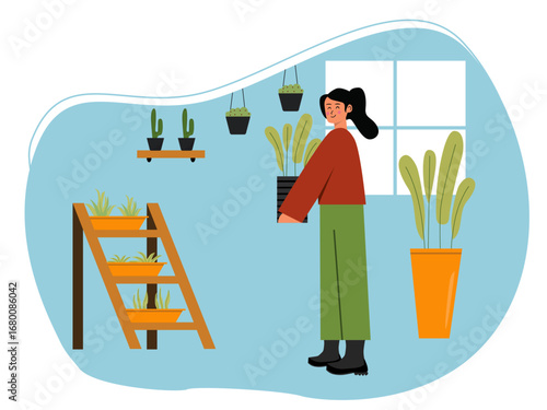 Woman standing holding potted plant in gardening room. Gardening illustration. Flat vector illustration concept.