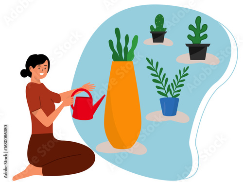 Woman with dark red shirt watering various kinds of green plants. Gardening illustration. Flat vector illustration concept.